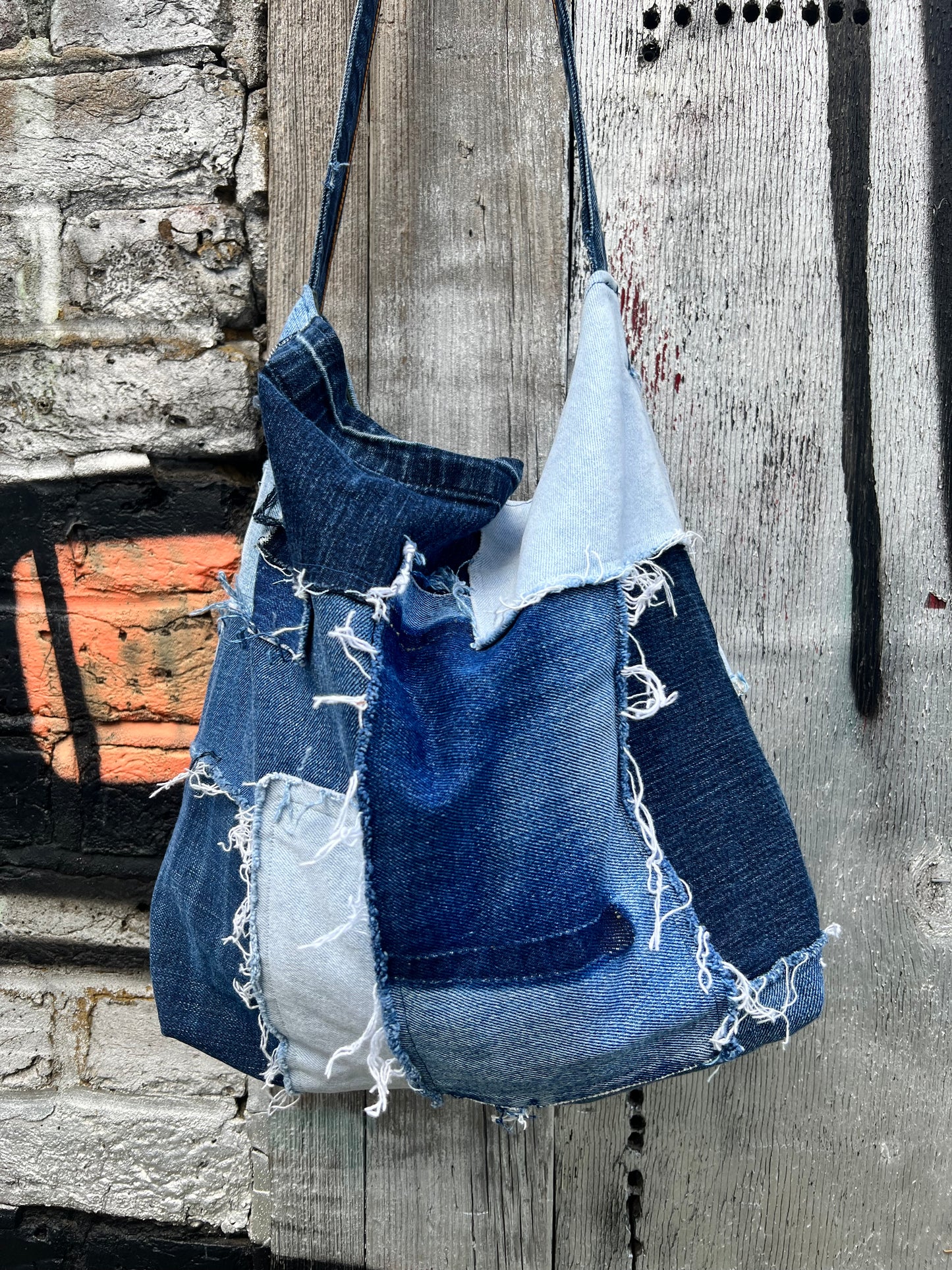 Slouch Patch Denim Bag Blue