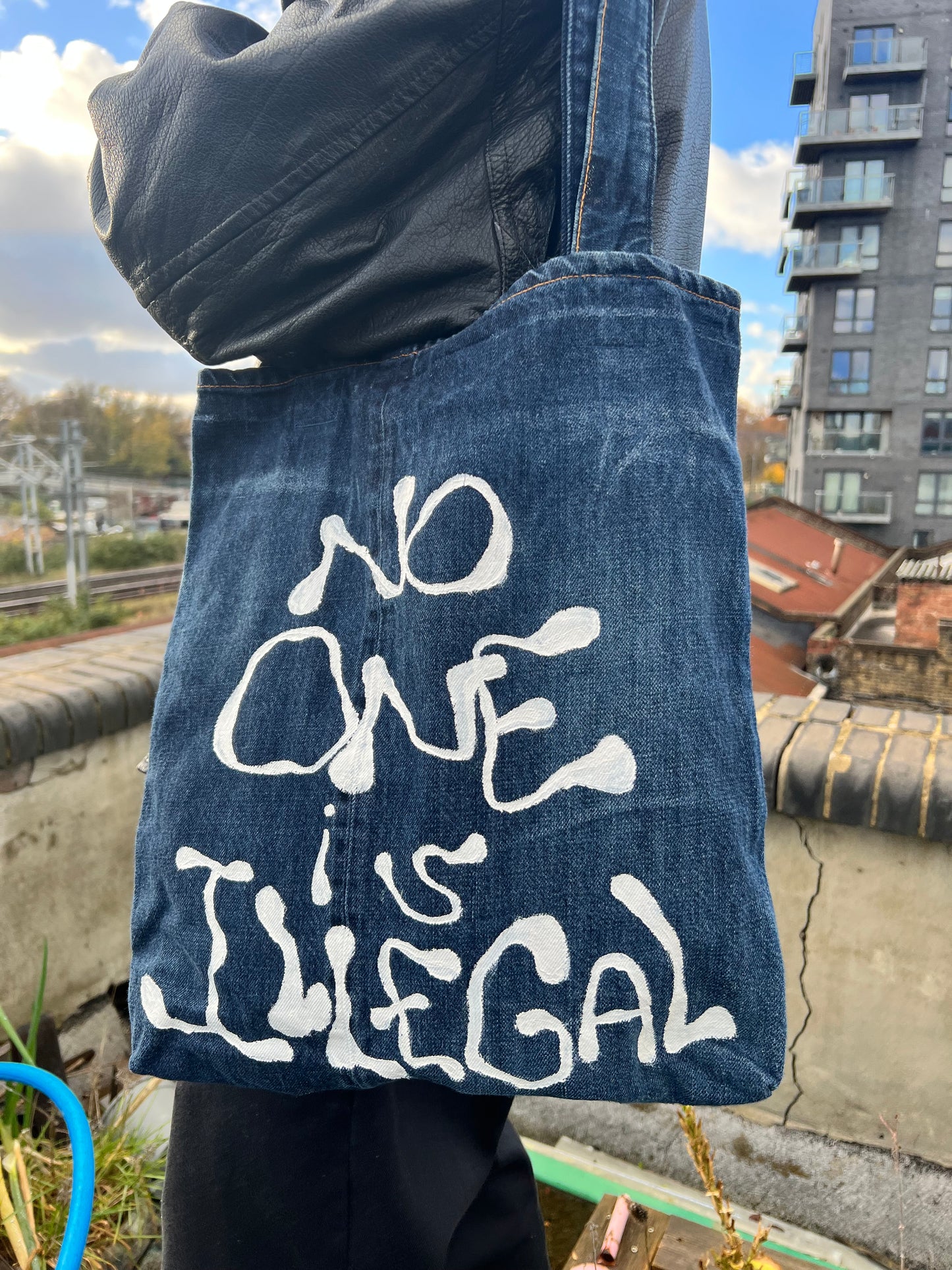 Denim Record Tote w Ozwick - No One is Illegal -