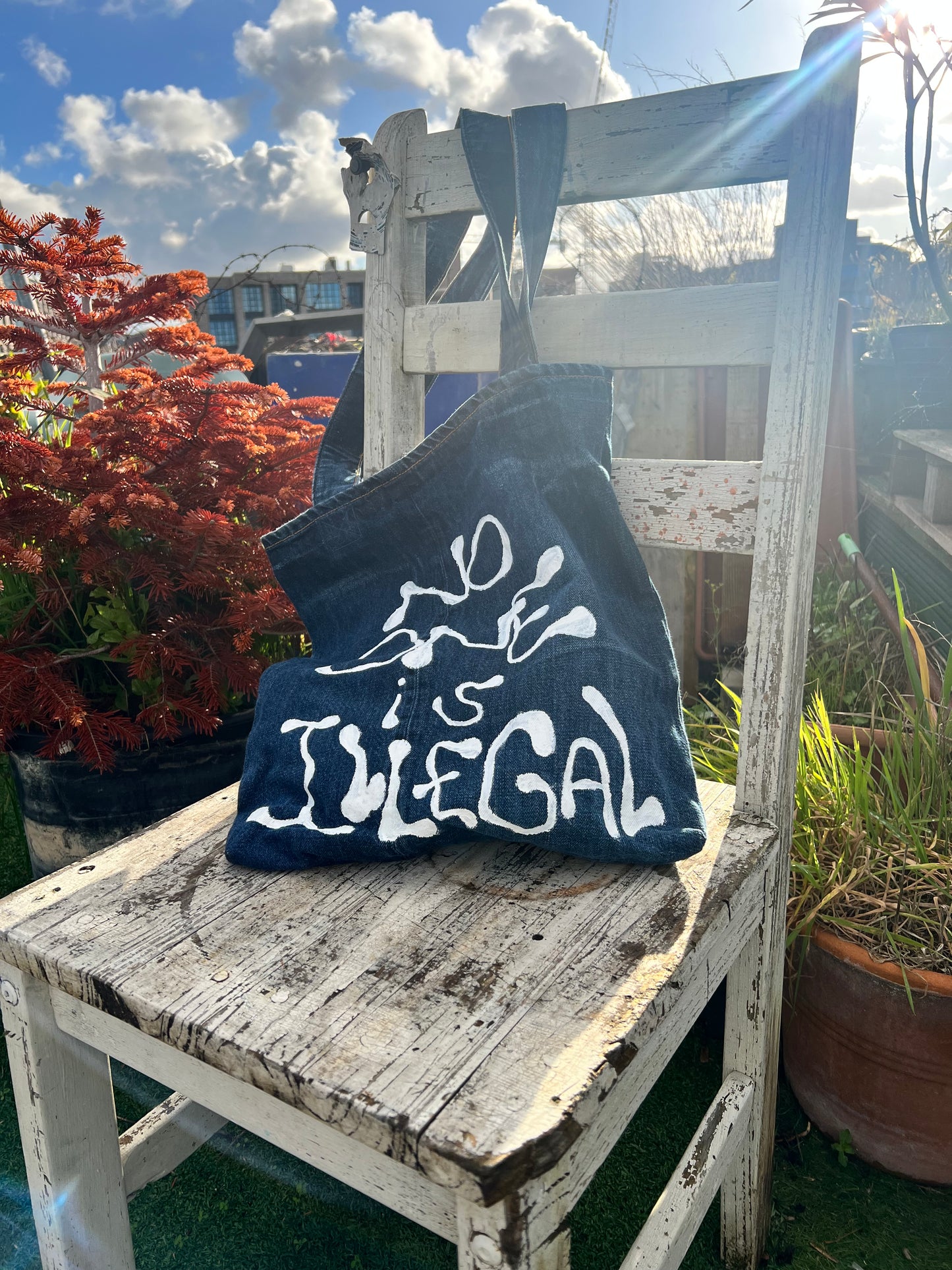 Denim Record Tote w Ozwick - No One is Illegal -