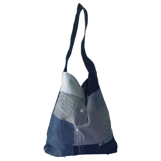 Mix Fabric Patched Shoulder Bag Blue Small