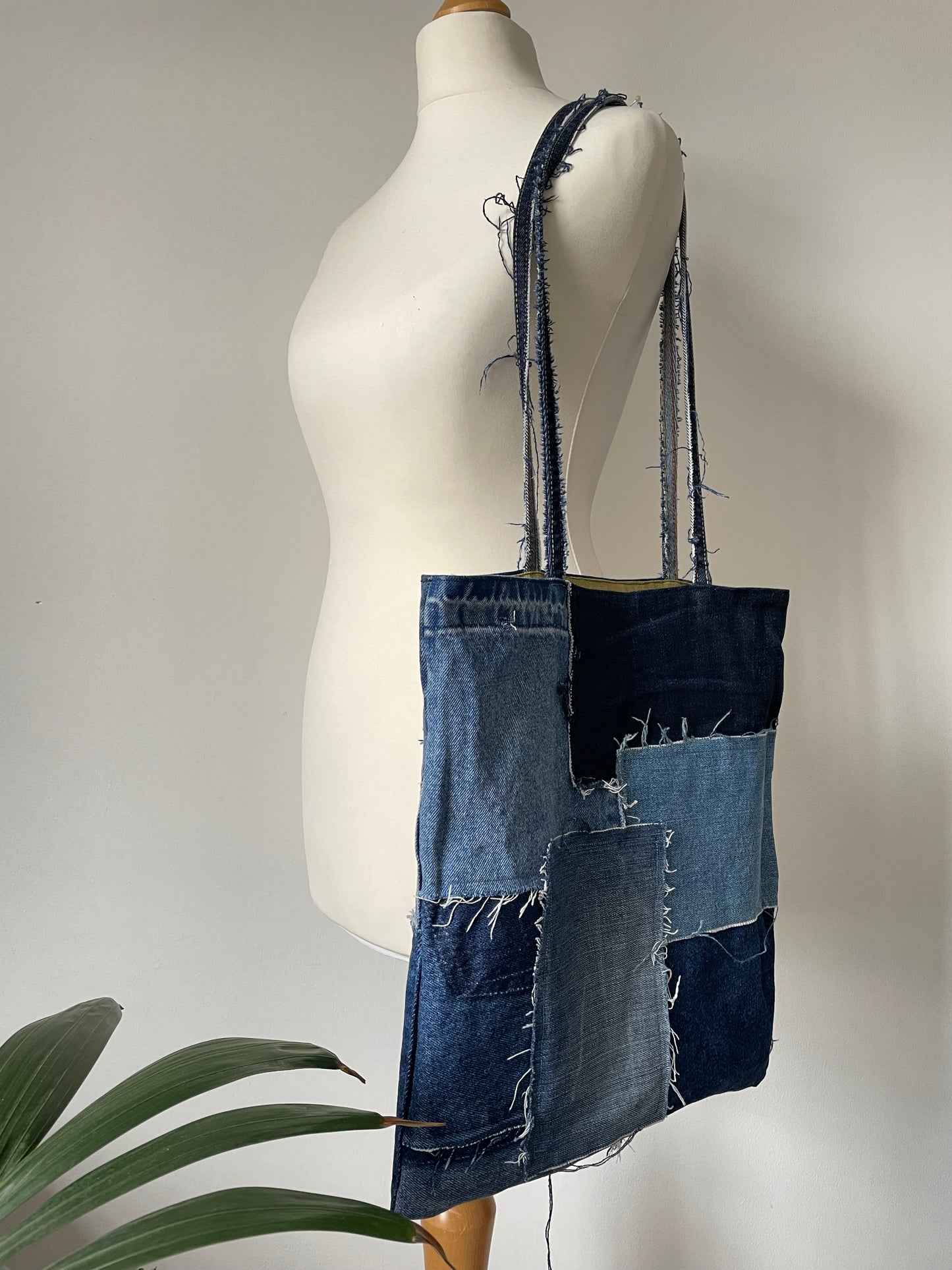 Reversible Patched Denim Tote Bag Blue