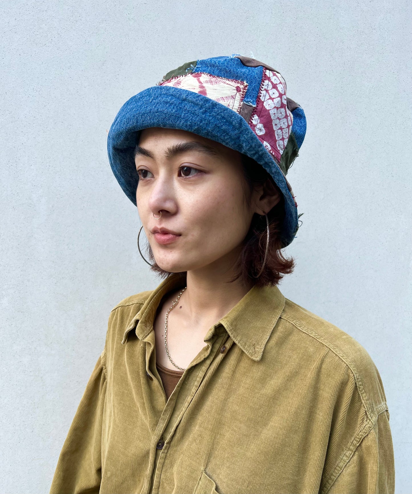 Patched Extra Big Bucket Hat Light Blue/Grey/Green/Brown w Japanese Kimono