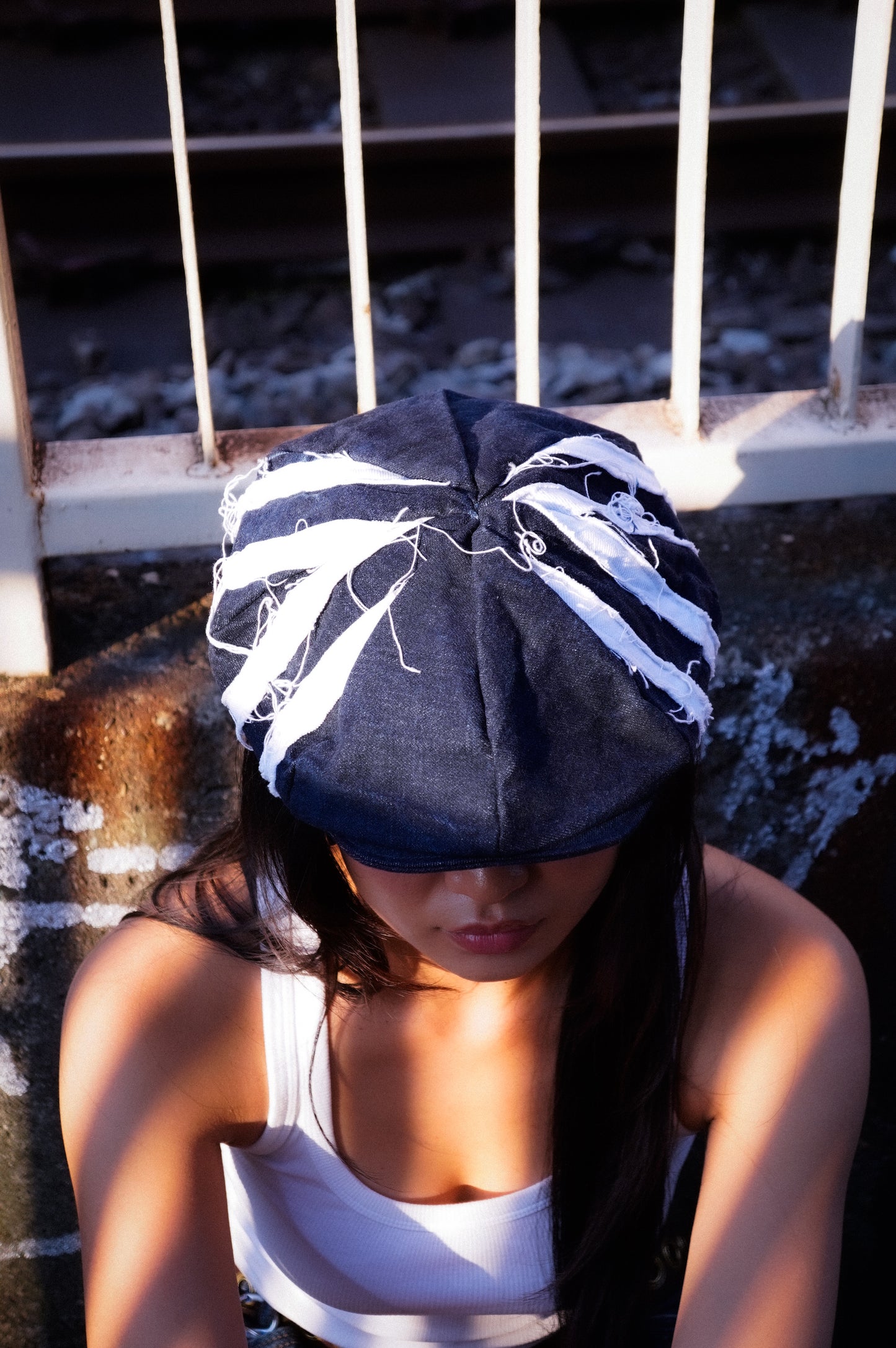 Striped Bakerboy Hat Blue Denim
