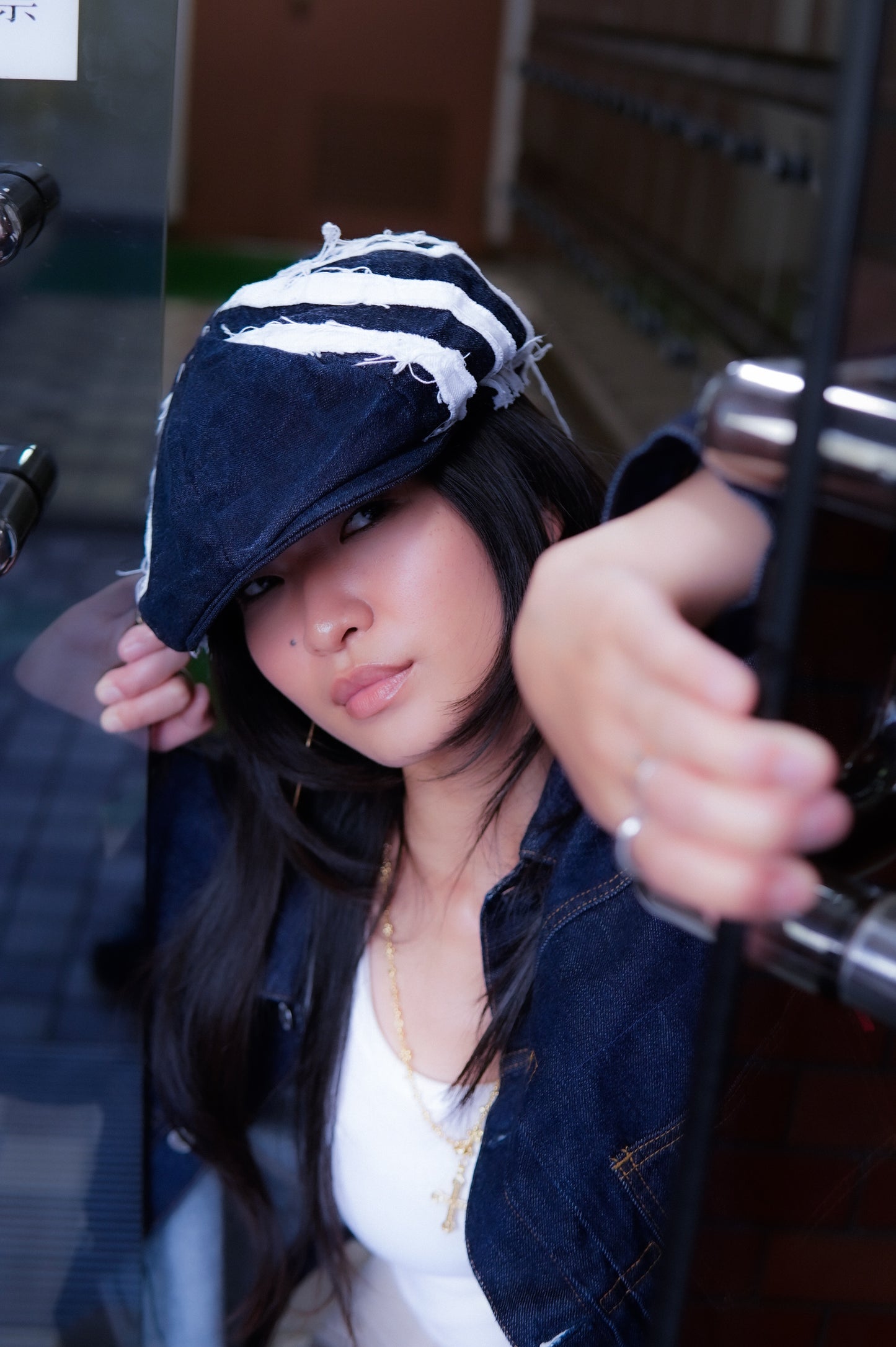 Striped Bakerboy Hat Blue Denim