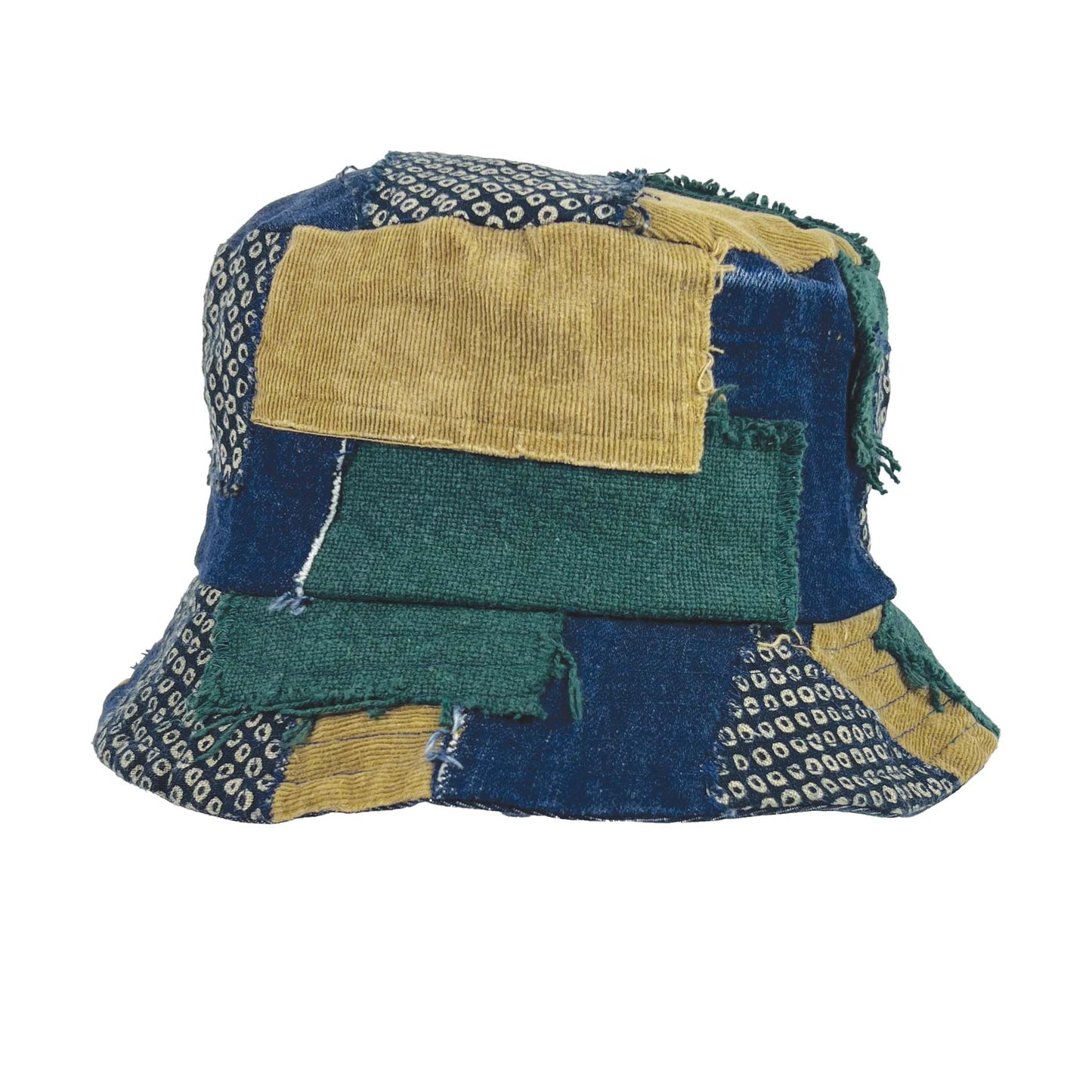Patched Extra Big Bucket Hat Navy/Green/Tan/Japanese pattern