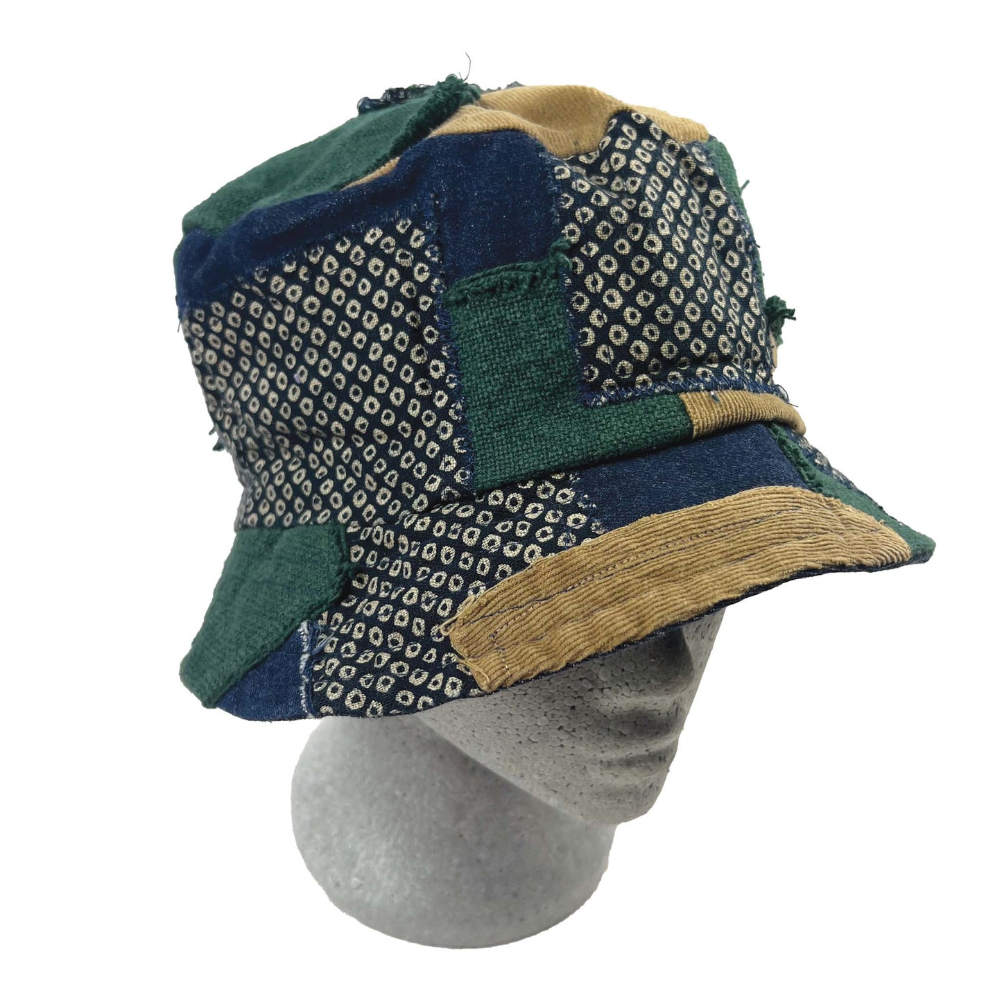Patched Extra Big Bucket Hat Navy/Green/Tan/Japanese pattern