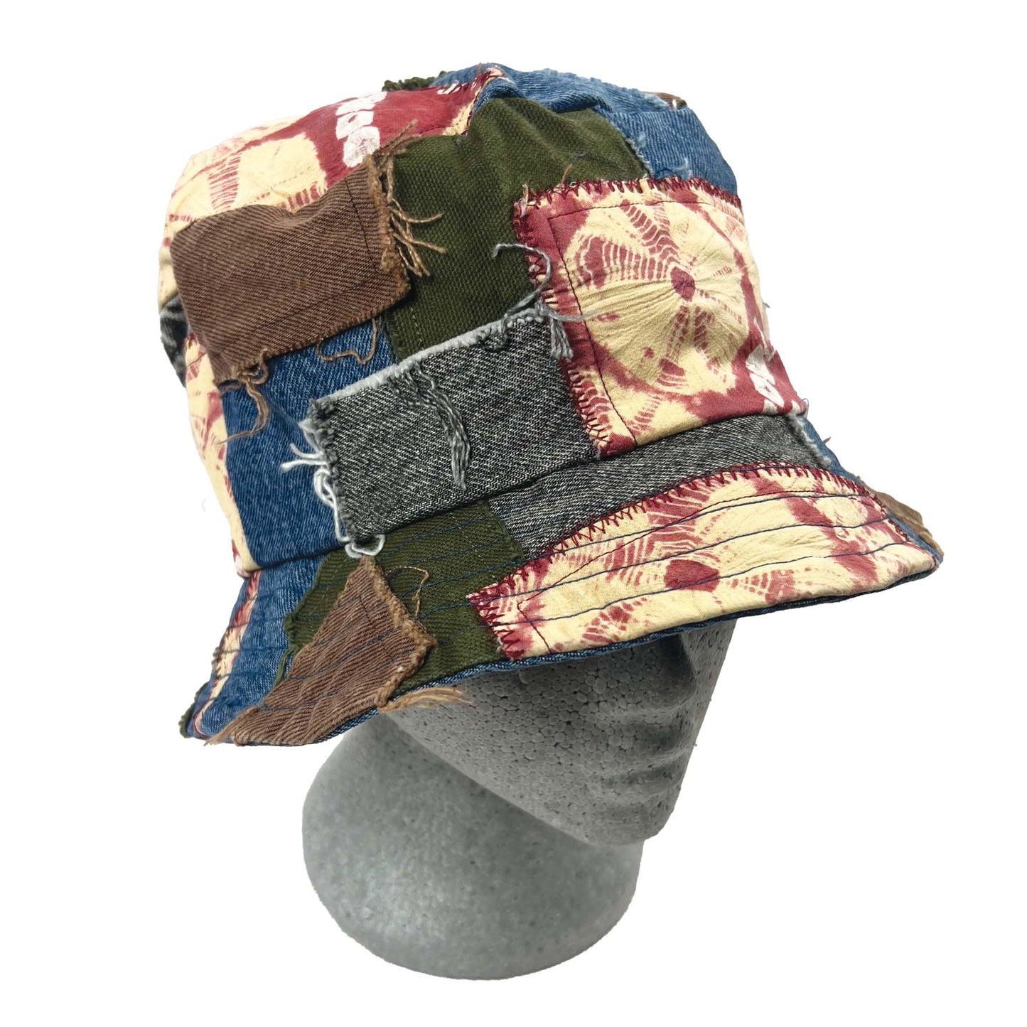 Patched Extra Big Bucket Hat Light Blue/Grey/Green/Brown w Japanese Kimono