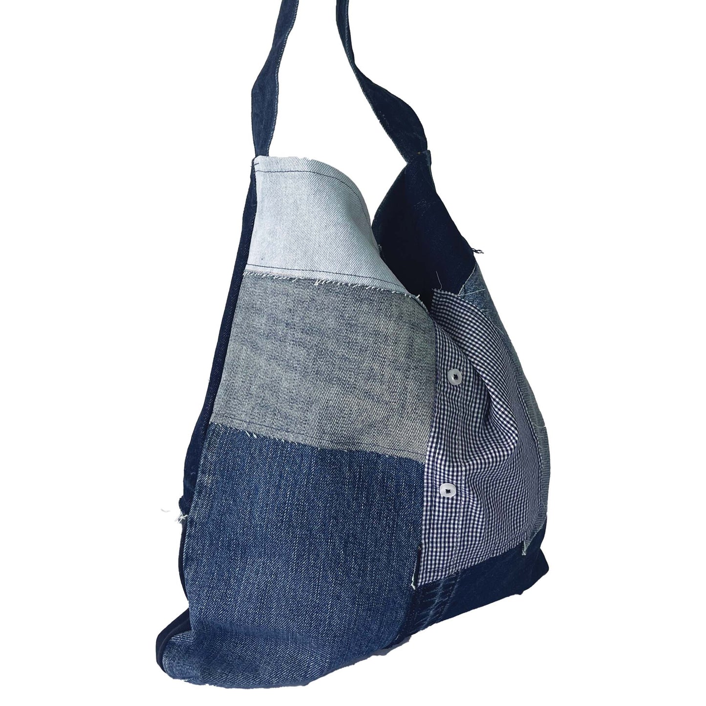 Mix Fabric Patched Shoulder Bag Blue Small