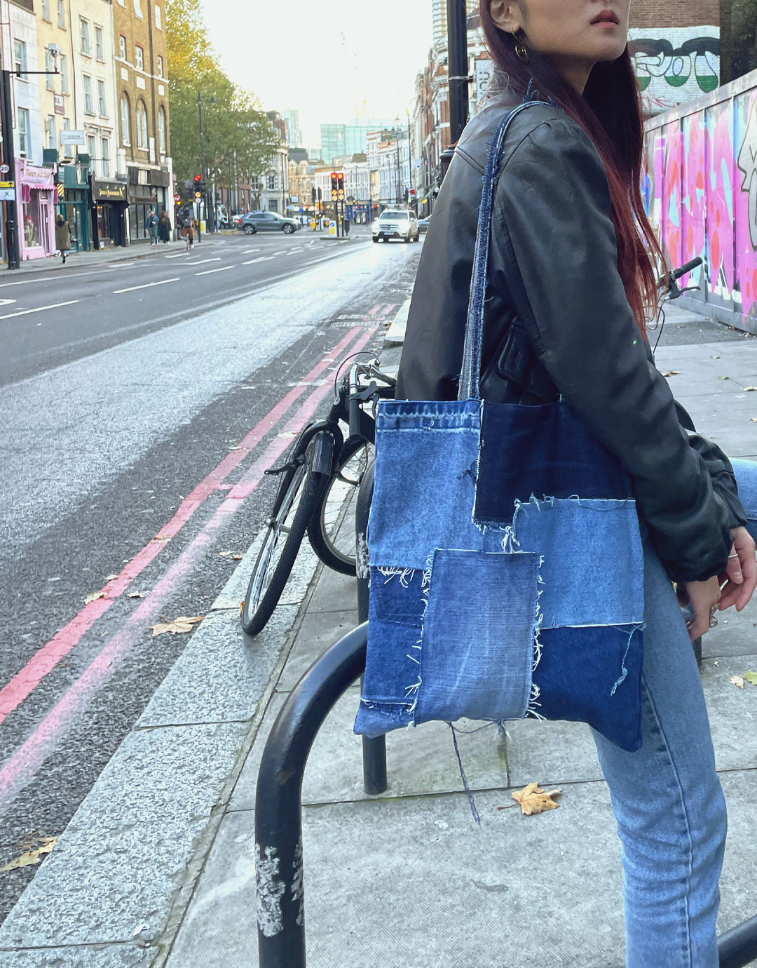 Patched denim tote bag