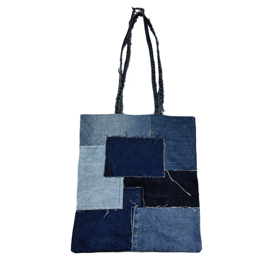 Patched denim tote bag